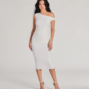 Easily Sultry Off-Shoulder Ruched Midi Dress