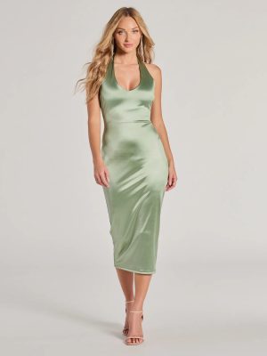 Celebrate Love Halter V-Neck Bodycon Satin Midi Dress