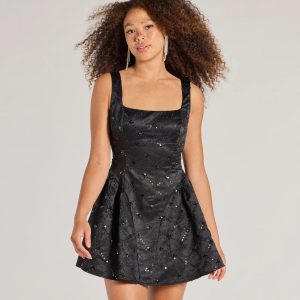 Glitzy Chic Sequin Woven Drop Waist Skater Dress