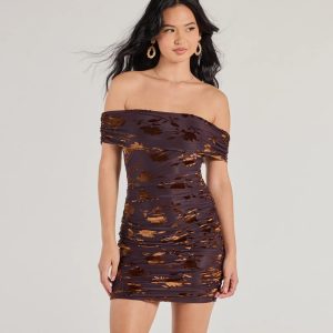 Elegant Romance Flocked Velvet Off The Shoulder Mini Dress