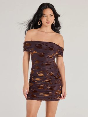 Elegant Romance Flocked Velvet Off The Shoulder Mini Dress