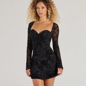 Chic Touch Long Sleeve Flocked Velvet Mini Dress