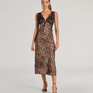 Sleek Leopard Print Lace And Satin Midi Dress