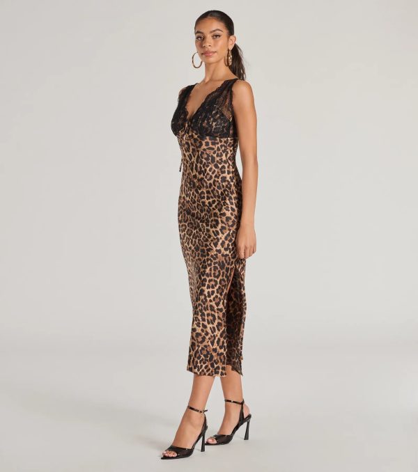 Sleek Leopard Print Lace And Satin Midi Dress - Image 4