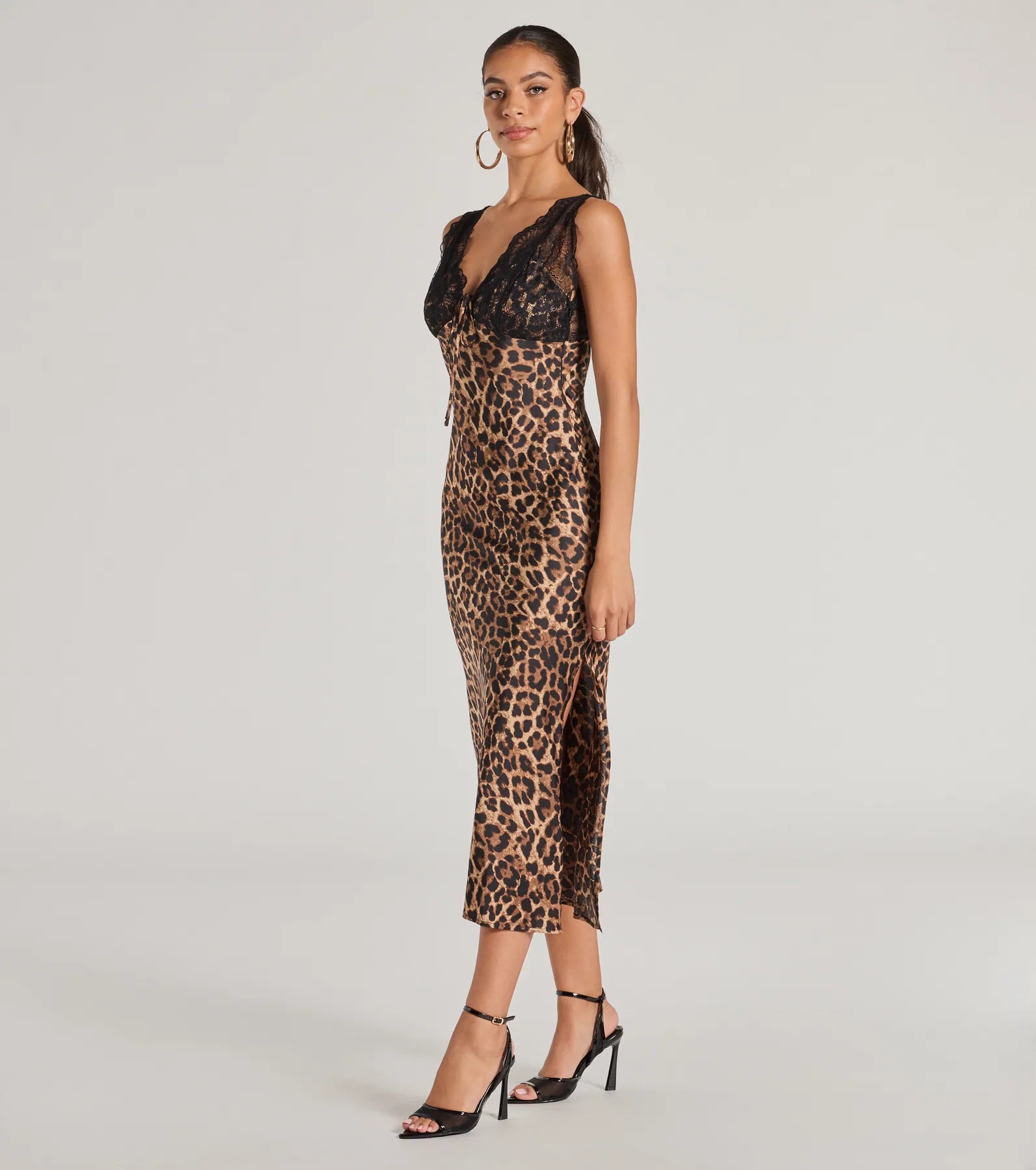 Sleek Leopard Print Lace And Satin Midi Dress - Image 4