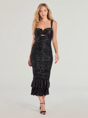 Ravishing Allure Velvet Pattern Ruffle Midi Dress