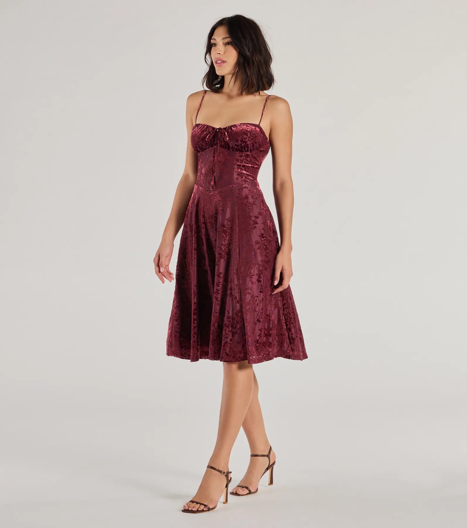 Floral Beauty Velvet Flocked Mesh Midi Dress - Image 4