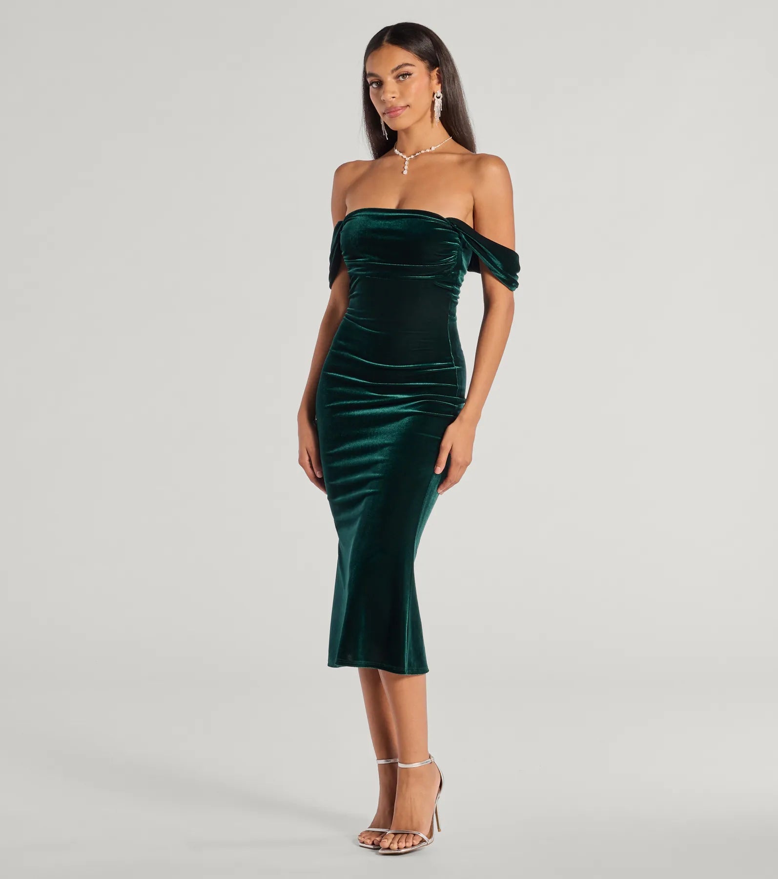 Regal Moment Off-The-Shoulder Velvet Midi Dress - Image 4