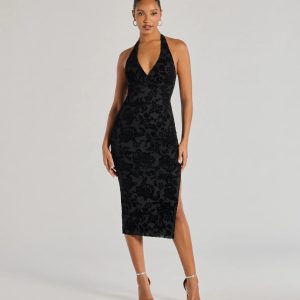 Refined Charm Flocked Velvet Halter Midi Dress