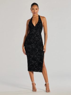 Refined Charm Flocked Velvet Halter Midi Dress