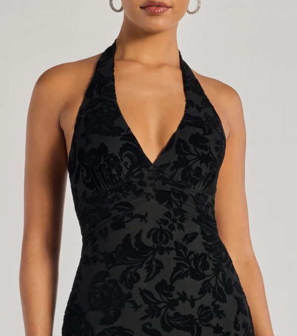 Refined Charm Flocked Velvet Halter Midi Dress - Image 3