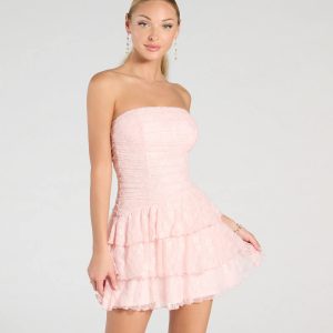 Lovely Nights Strapless Lace Ruffle Skater Dress