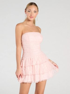 Lovely Nights Strapless Lace Ruffle Skater Dress