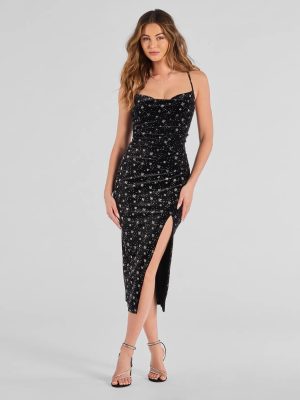 Dazzle Nights Glitter Rhinestone Velvet Midi Dress