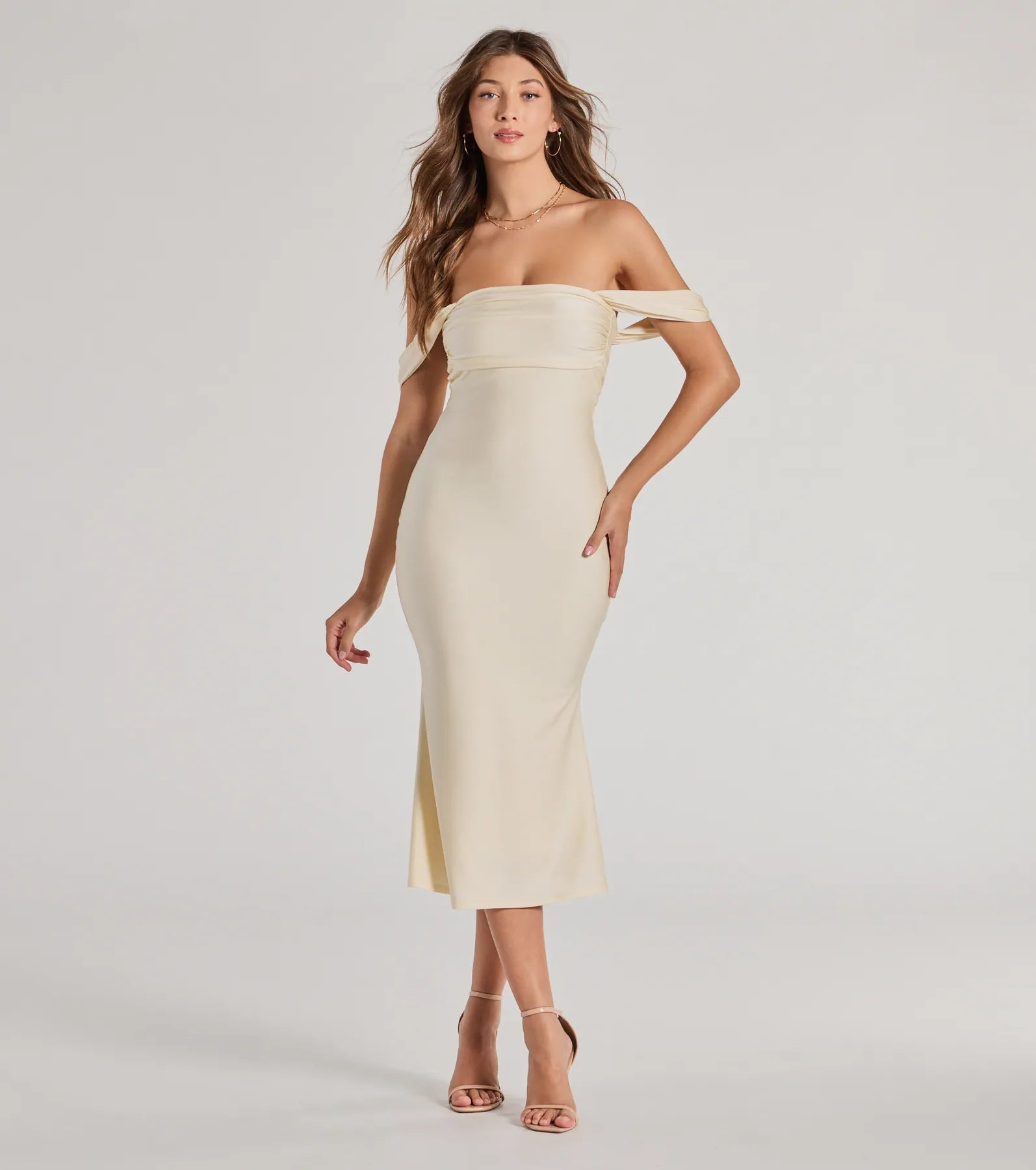 Exceptional Off-The-Shoulder Flared Midi Dress - Image 13