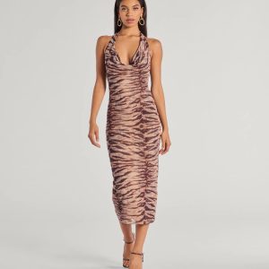 Sultry And Sassy Zebra Print Halter Midi Dress