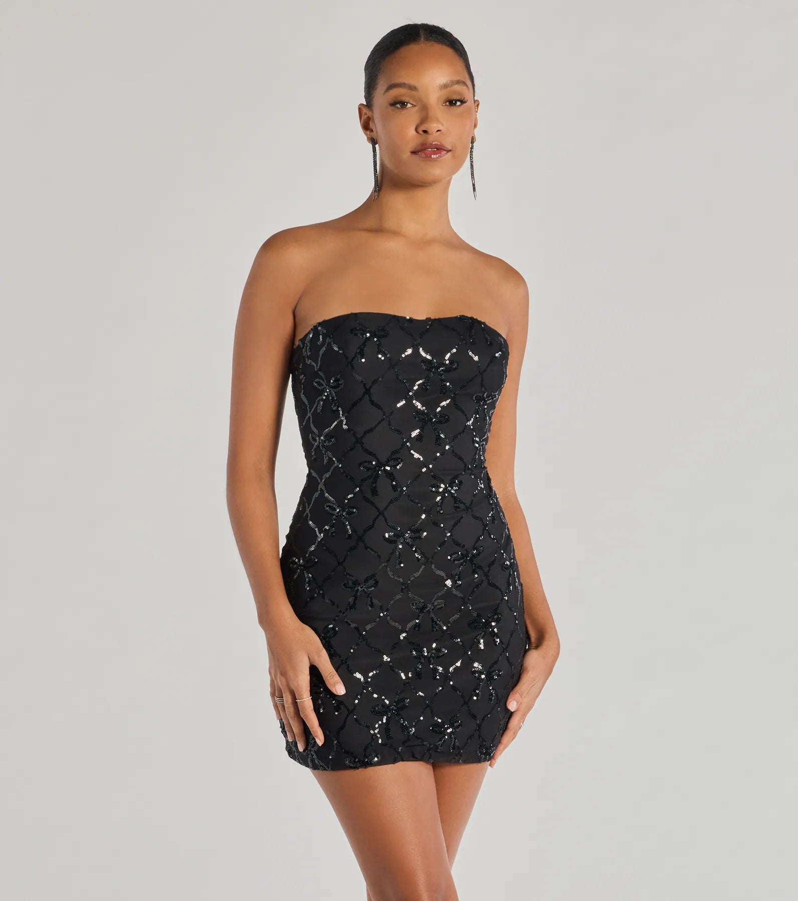 Cutest Style Sequin Bow Strapless Lace-Up Mini Dress - Image 5