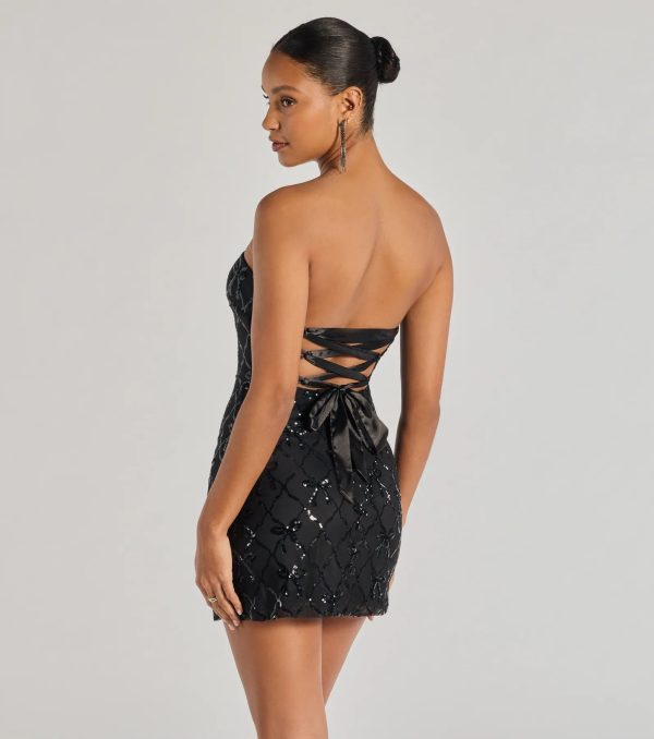 Cutest Style Sequin Bow Strapless Lace-Up Mini Dress - Image 6