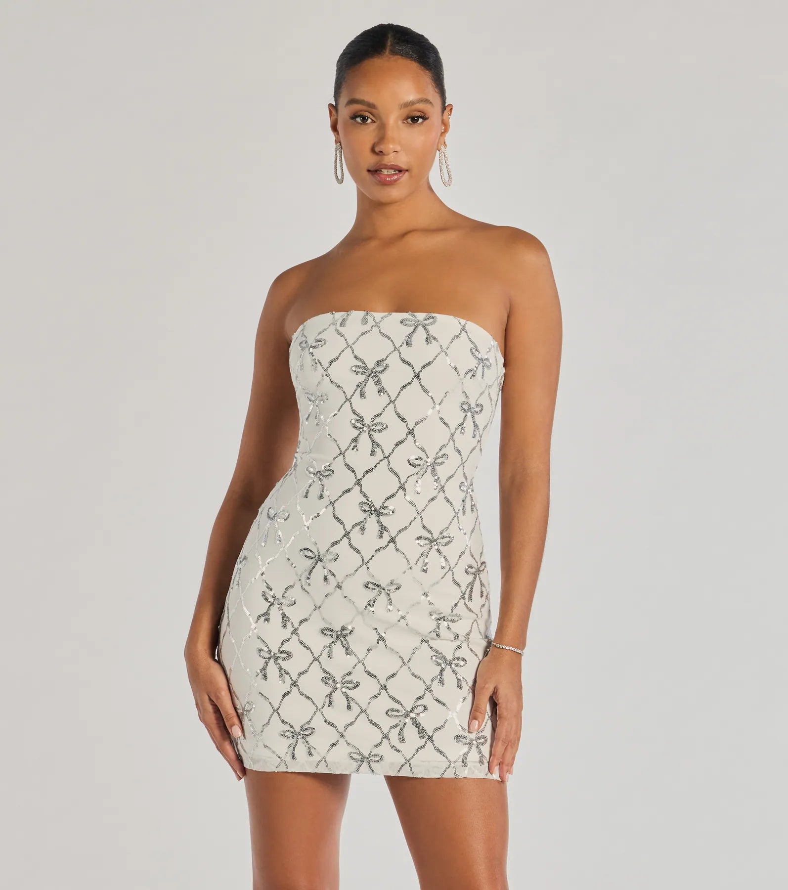 Cutest Style Sequin Bow Strapless Lace-Up Mini Dress - Image 9