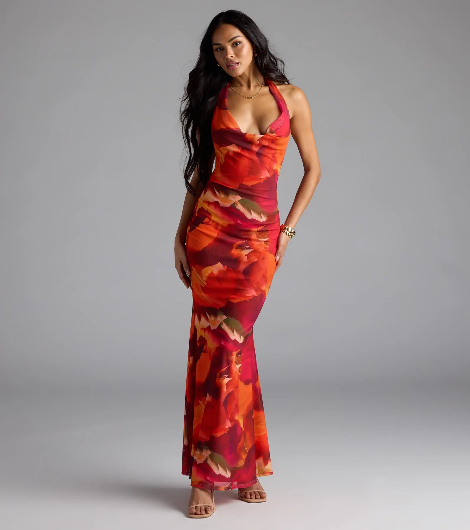 Island Style Tropical Halter Mesh Maxi Dress - Image 2
