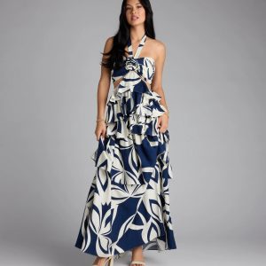 Bold And Beautiful Rosette Halter Cutout Maxi Dress