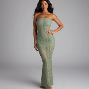 Wanting More Strapless Lace Knit Maxi Dress