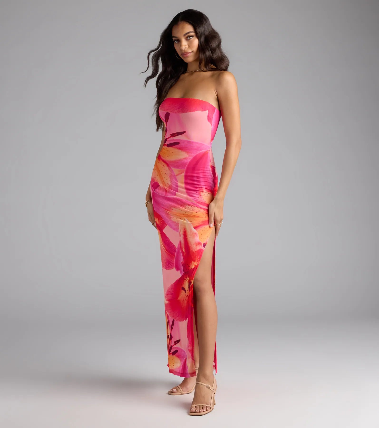 Island Time Tropical Floral Mesh Maxi Dress - Image 5