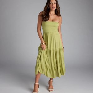 Breezy Summer Strapless Tiered Midi Dress