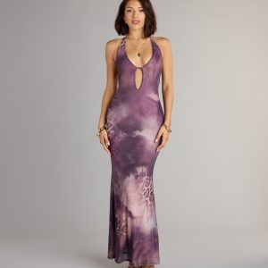 Untamed Aura Animal Print Halter Maxi Dress