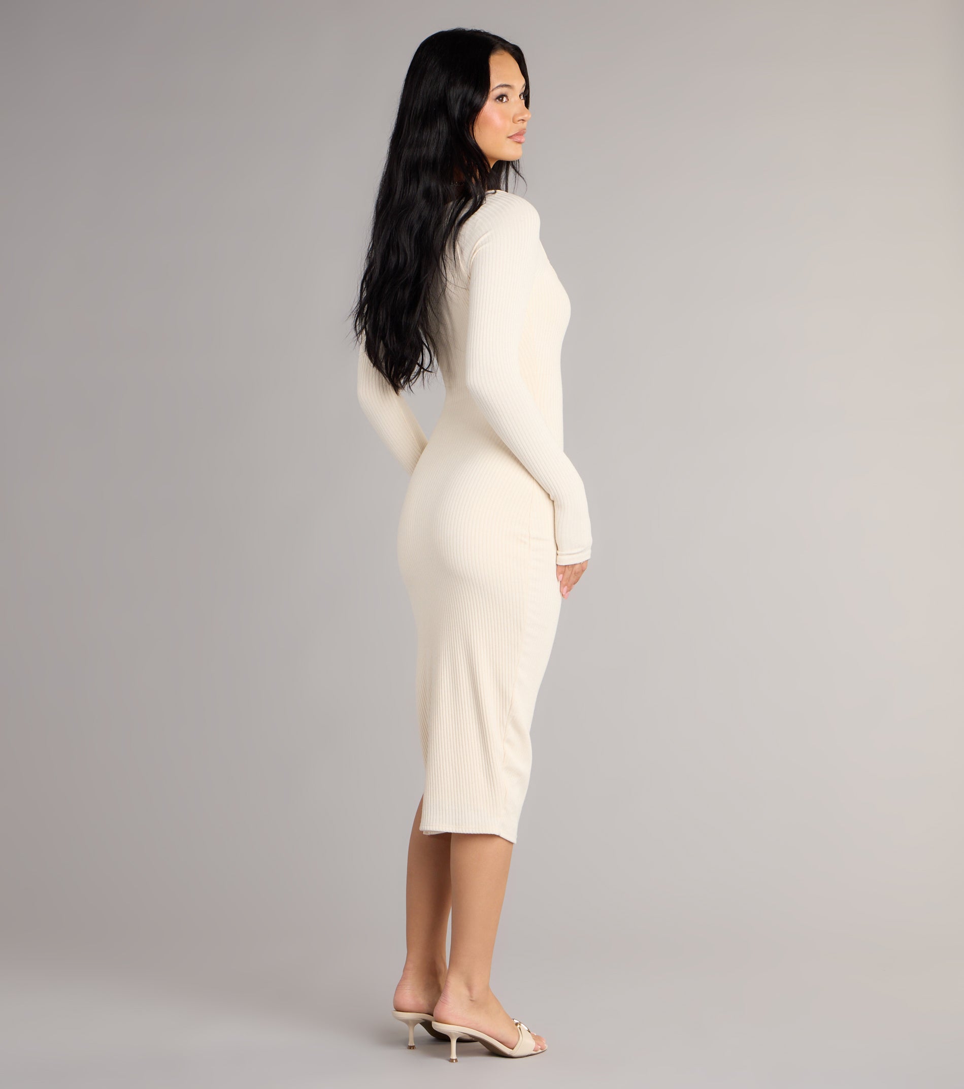 Cozy Allure Long Sleeve Slit Midi Dress - Image 2