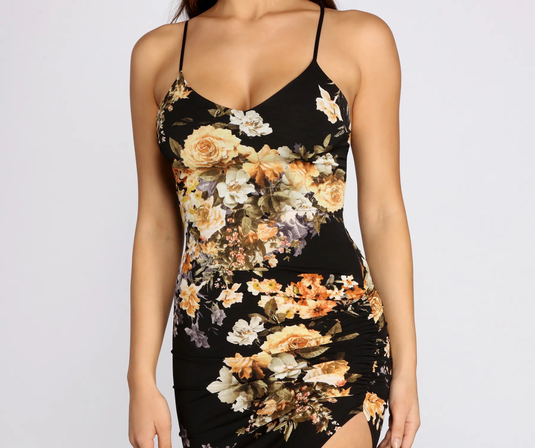 Floral Asymmetric Ruched Midi Dress - Image 3