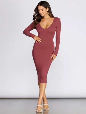 V Mine Ribbed Knit Midi Dress