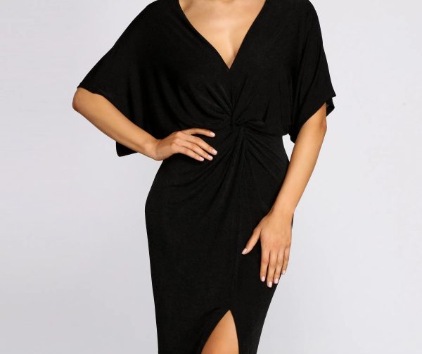 V Neck Front Knot Midi Dress - Image 3