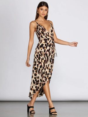 Leopard Print Wrap Front Midi Dress