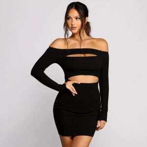 Off The Shoulder Ribbed Knit Cutout Mini Dress