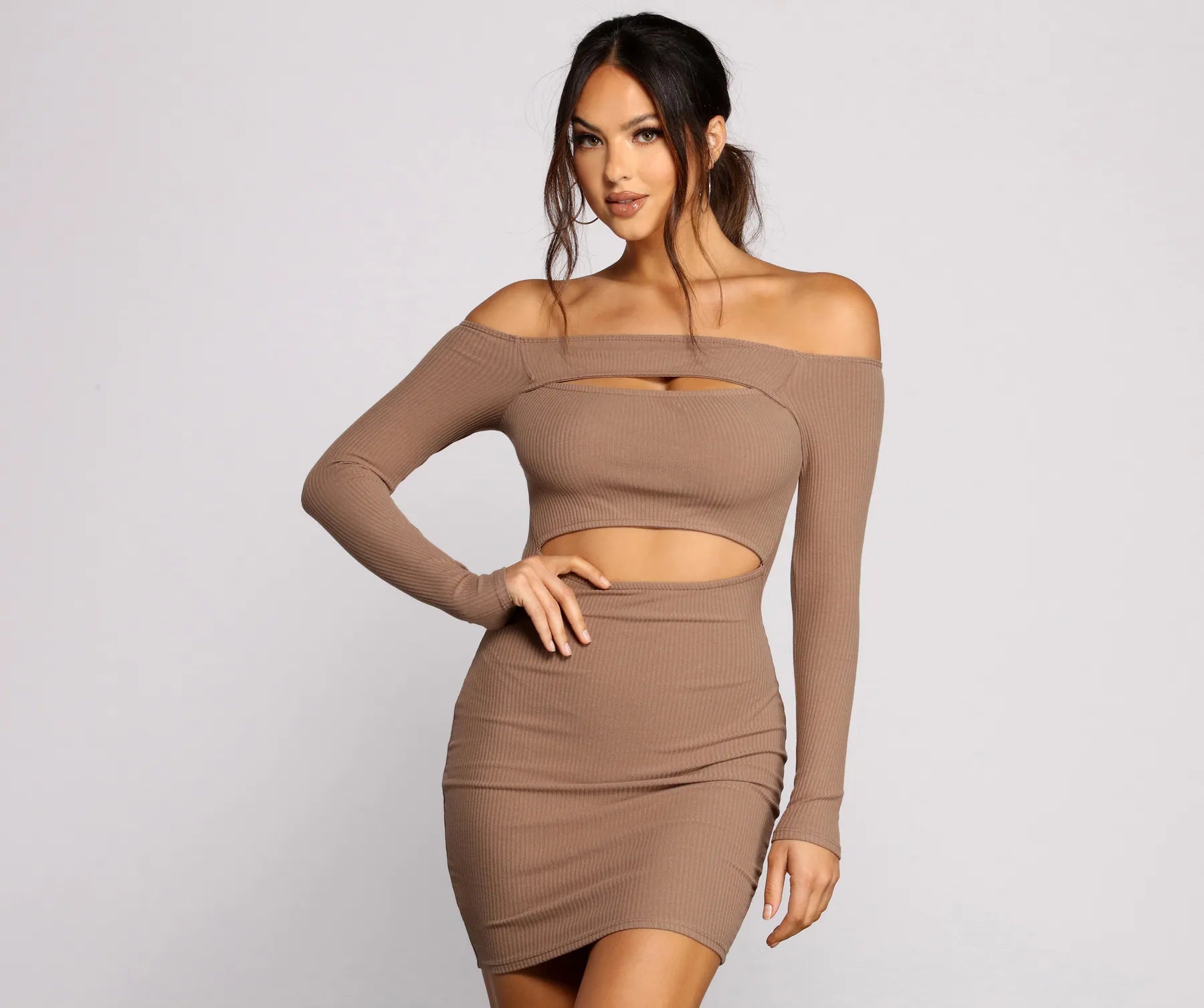 Off The Shoulder Ribbed Knit Cutout Mini Dress - Image 5