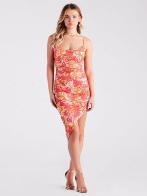 Passport To Paradise Tropical Print Ruched Midi Dress