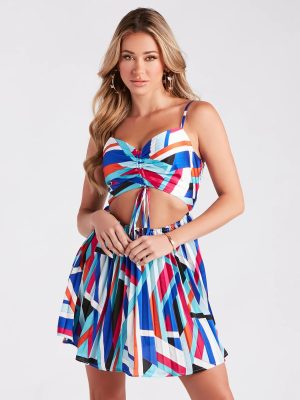 Playful Prints Satin Pleated Skater Dress