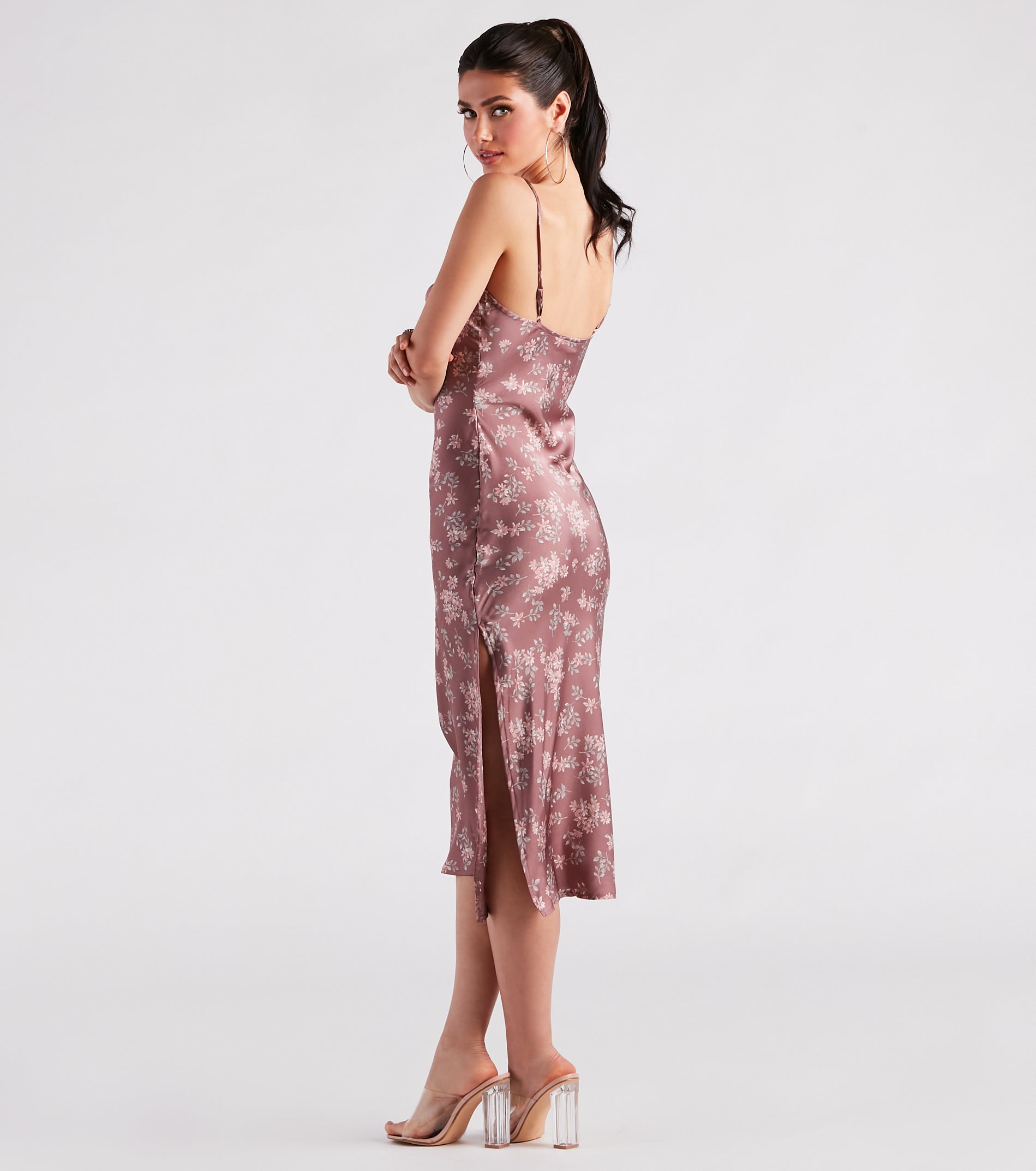 Dreamy In Floral Satin Midi Dress - Image 6