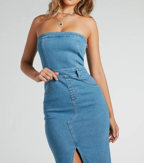Trendy Topic Strapless Denim Midi Dress - Image 3