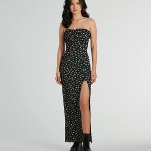 Charming Presence Strapless Slit Floral Maxi Dress