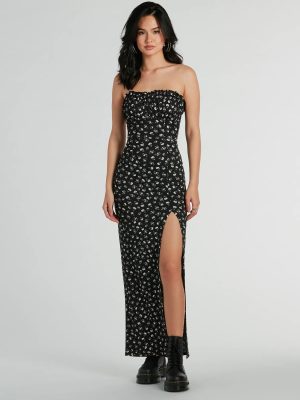 Charming Presence Strapless Slit Floral Maxi Dress