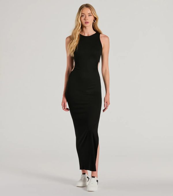 Casual Cool Girl High Slit Ribbed Knit Maxi Dress - Image 8