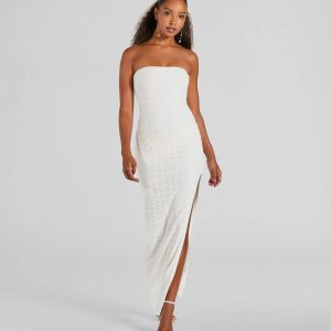 Tuscan Charm Strapless Slit Eyelet Maxi Dress