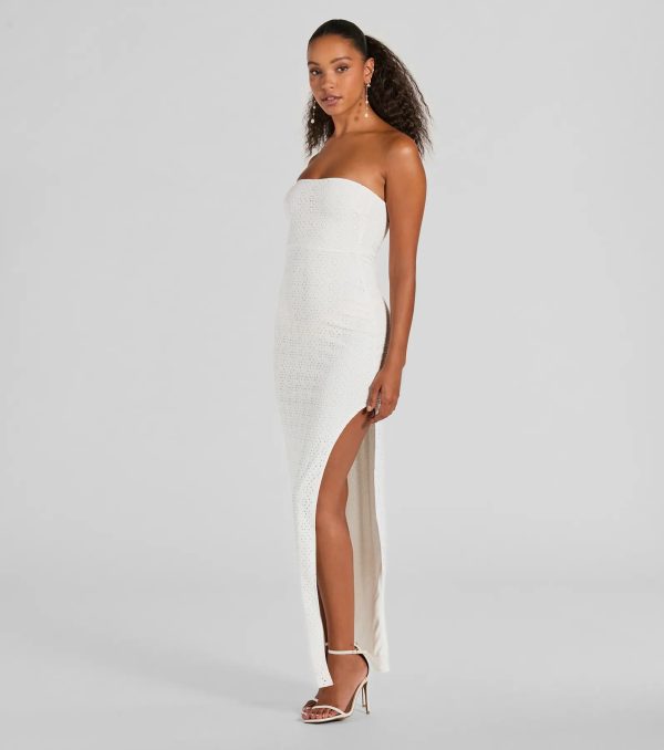 Tuscan Charm Strapless Slit Eyelet Maxi Dress - Image 4