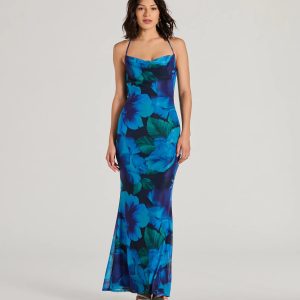 Ocean Breeze Cowl Neck Low Back Tropical Maxi Dress