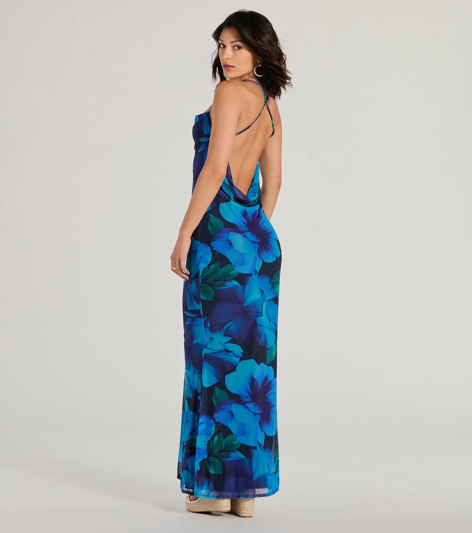 Ocean Breeze Cowl Neck Low Back Tropical Maxi Dress - Image 2