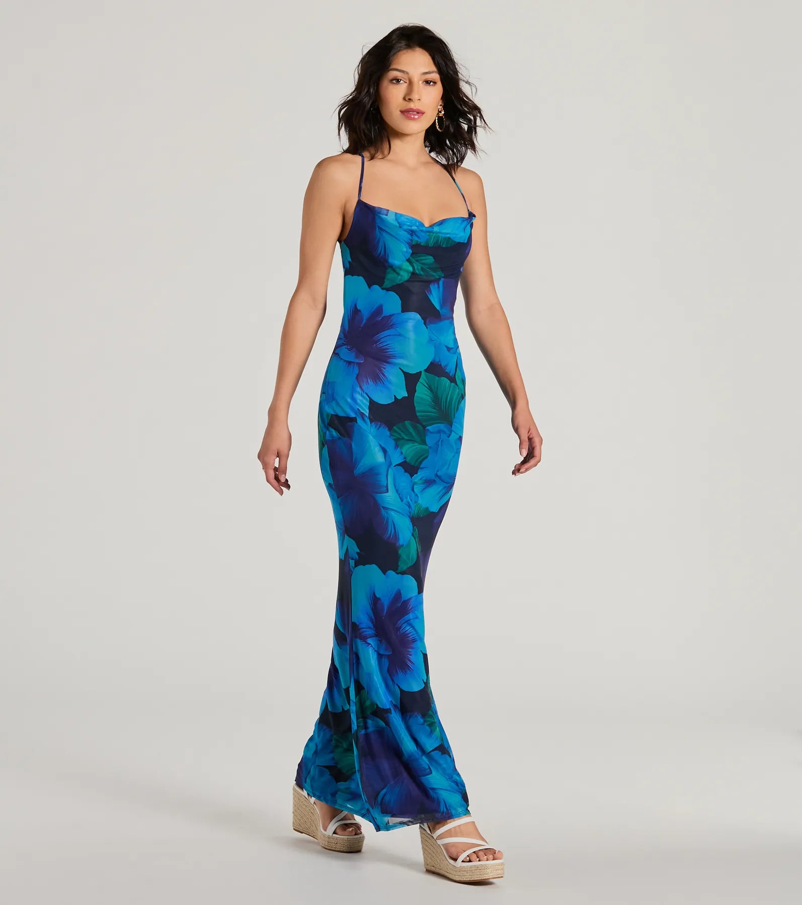 Ocean Breeze Cowl Neck Low Back Tropical Maxi Dress - Image 4