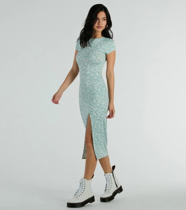 Spring Fling High Slit Ditsy Floral Knit Midi Dress - Image 3