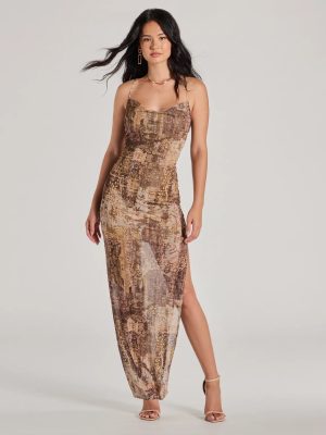 Perfect Style Cowl Neck Slit Paisley Maxi Dress